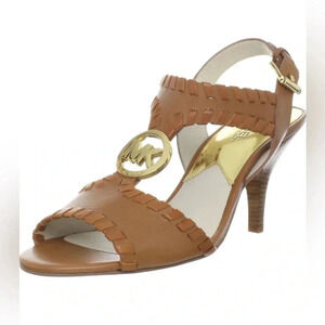 Michael Kors Women’s Leather Weave Open Toe‎ Sandal 3” Kitten Heel Camel 7M EUC